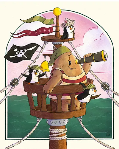 A tie in the @chaoticdrawalong between “potato pirate” and “emotional support penguin” led to this rag tag group of buccaneer...