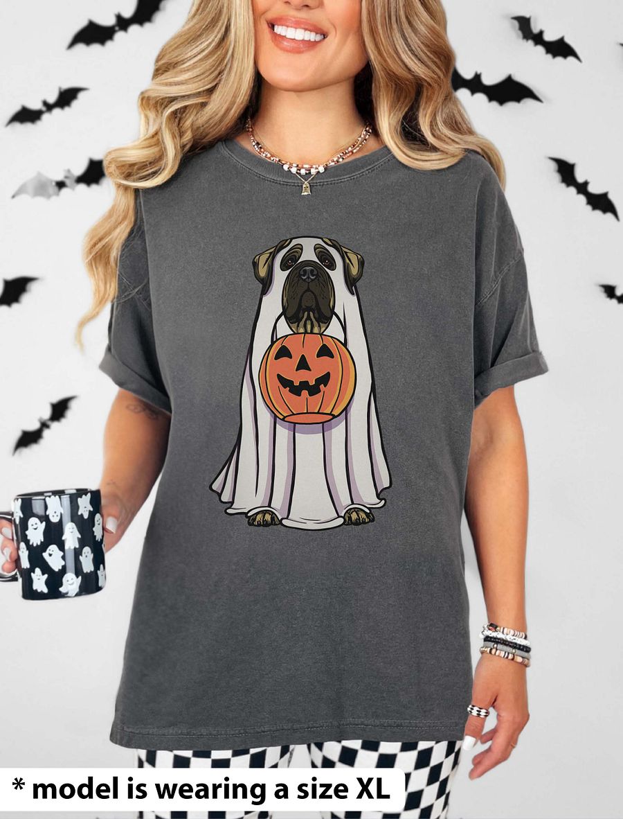 Funny Halloween English Mastiff T-Shirt | Funny English Mastiff Wearing a Ghost Costume and Holding a Pumpkin Basket product image (14)