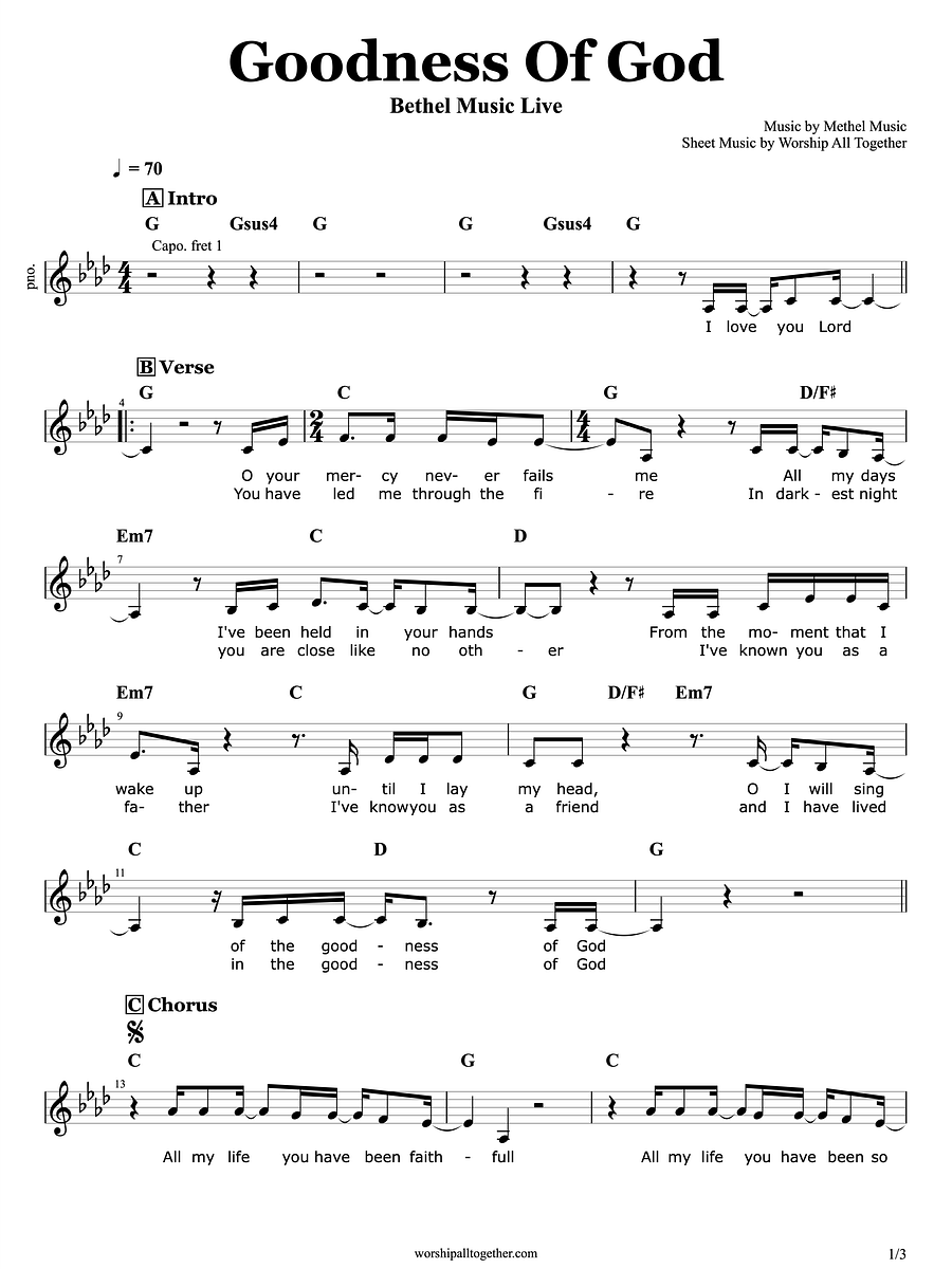 Goodness Of God (Original Key) Bethel Music | Sheet Music, Chord, Lyrics product image (1)