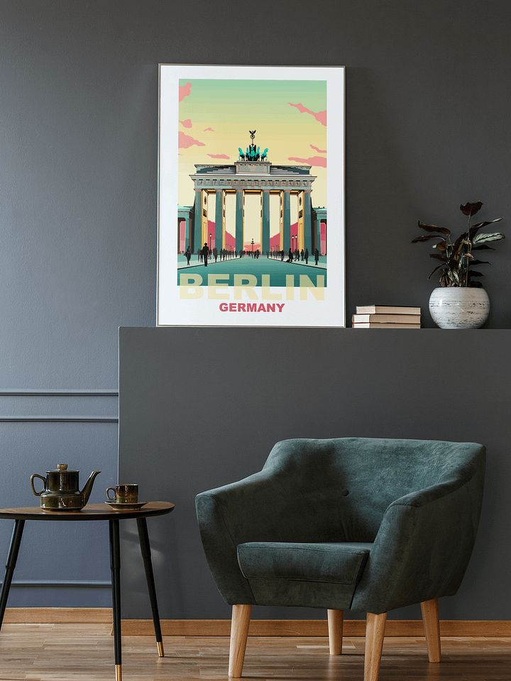 Brandenburg Gate Poster, Berlin Germany Landmark Art, Vintage Travel Poster Style, Colorful Sunset Skyline, Urban Wall Decor product image (2)