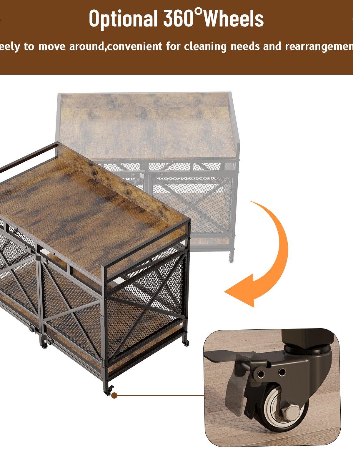 48 inch Dog Crate Furniture for Large Breeds (Up to 90 lb), Wooden & Steel, 360° Casters, Waterproof Top, Steel Lock,Vintage Brown product image (5)