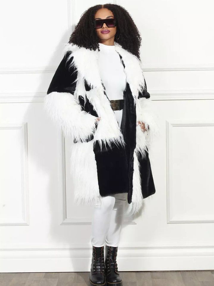 Luxe Moda Coat Faux Fur Black and White Checkered Print Coat product image (1)