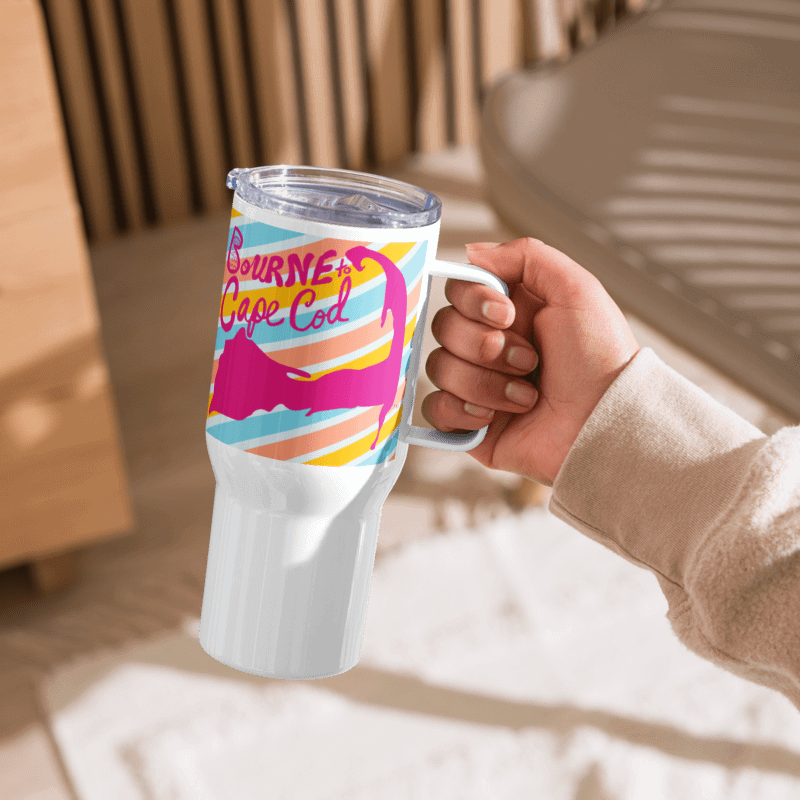 BOURNE to Cape Cod™ | Allcolor 267 | Stainless Steel Travel Mug with Handle | Insulated, Spill-Proof, Coastal Adventure Style | Pink Logo on Bright Stripes product image (6)
