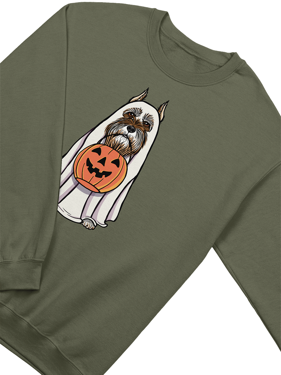 Funny Halloween Schnauzer(Cropped Ears Liver) Sweatshirt | Funny Schnauzer Wearing a Ghost Costume and Holding a Pumpkin Basket product image (18)