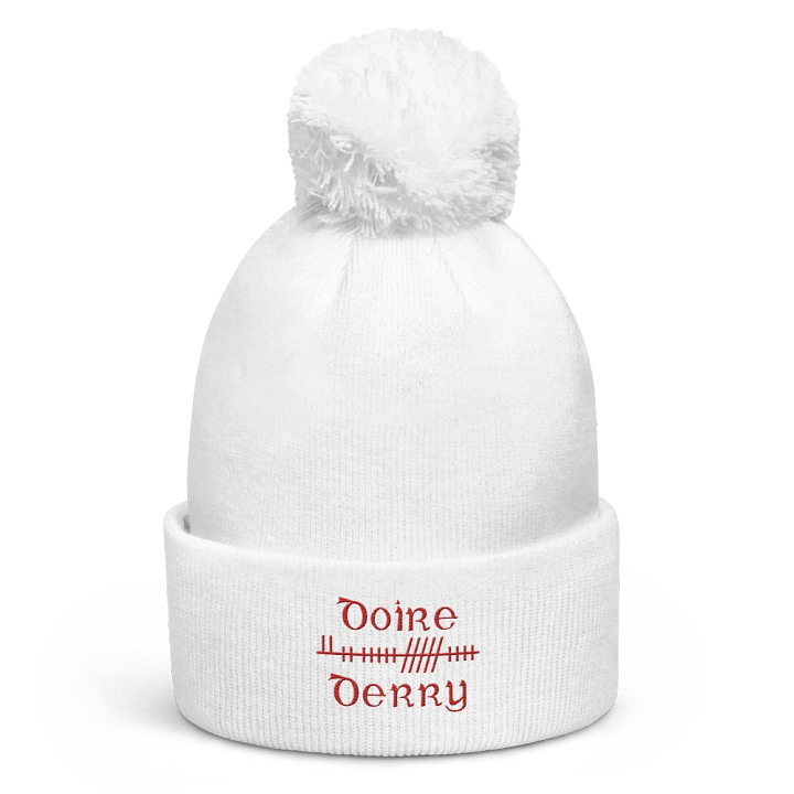 Derry/Doire Orthodox style Ogham, white with red, embroidered Pom-Pom Beanie product image (1)