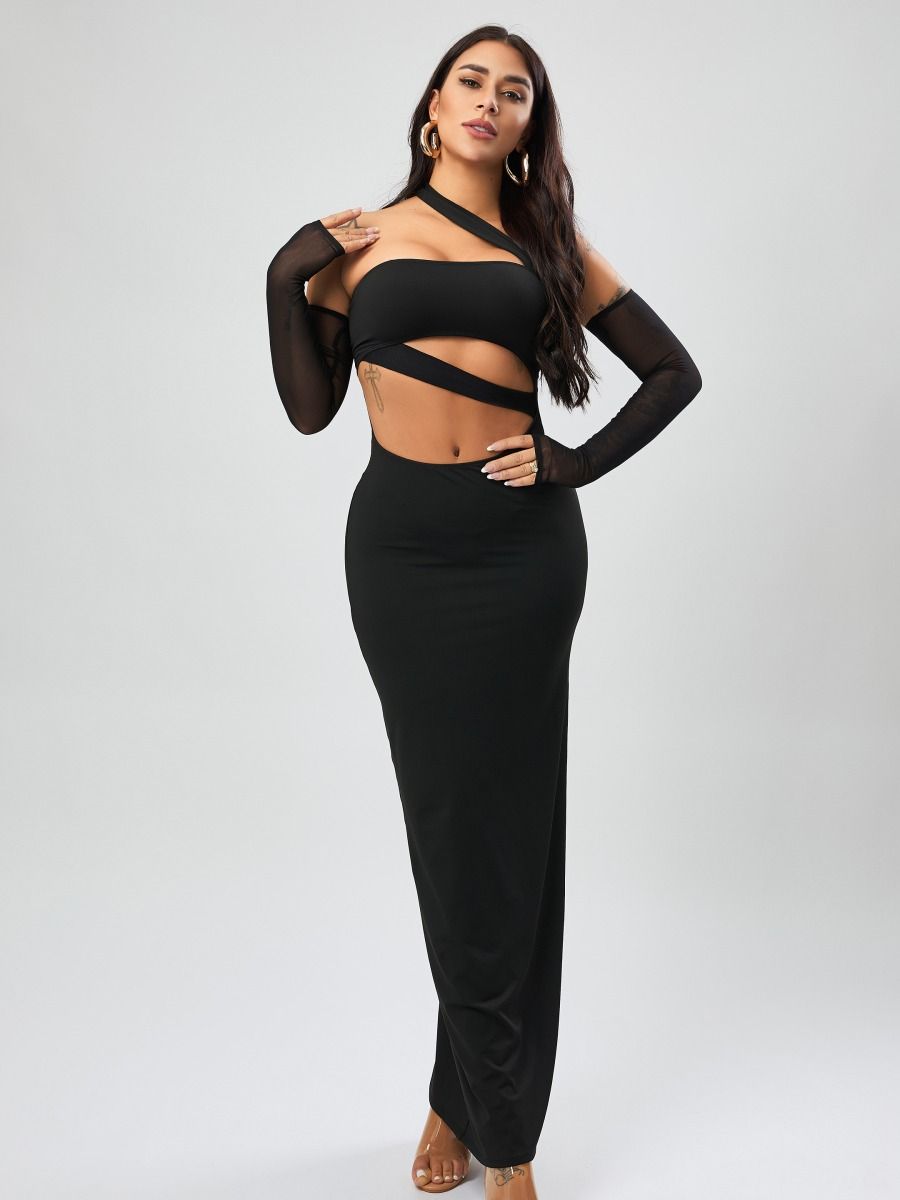 Wholesale high quality slight stretch solid slim hollow sexy maxi dress (with sleeves) product image (1)