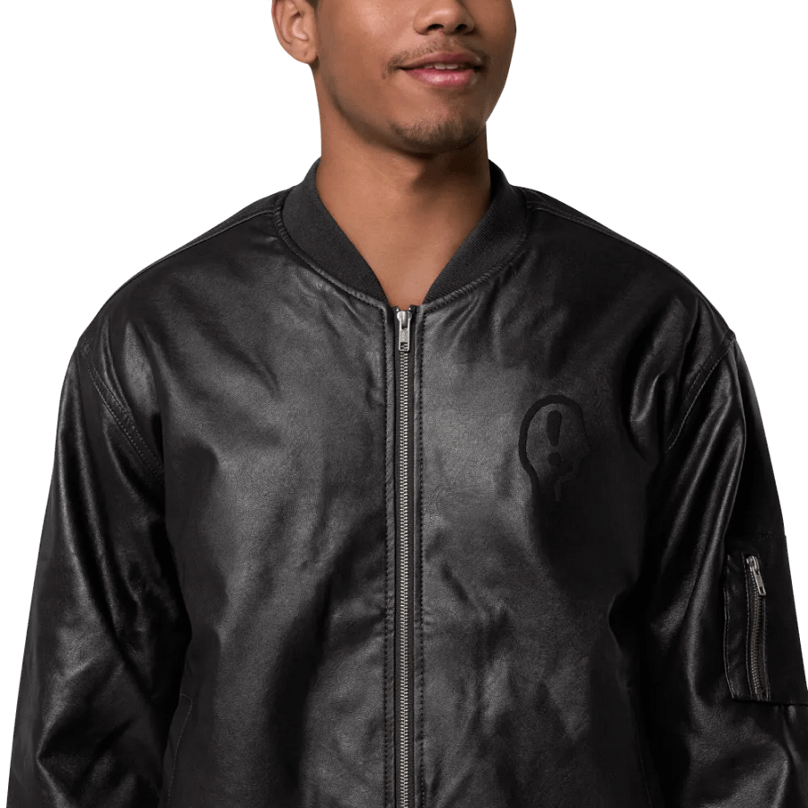 EXCLAIMING MENTALLY monochrome black embroidered faux leather jacket product image (1)