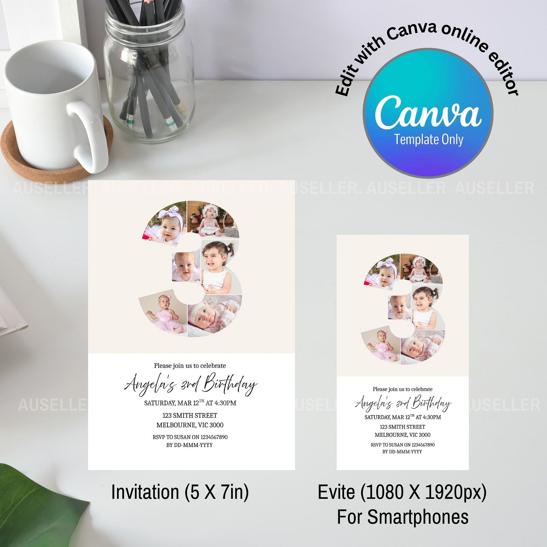 3rd Birthday Photo Collage Editable Invitation Template product image (4)