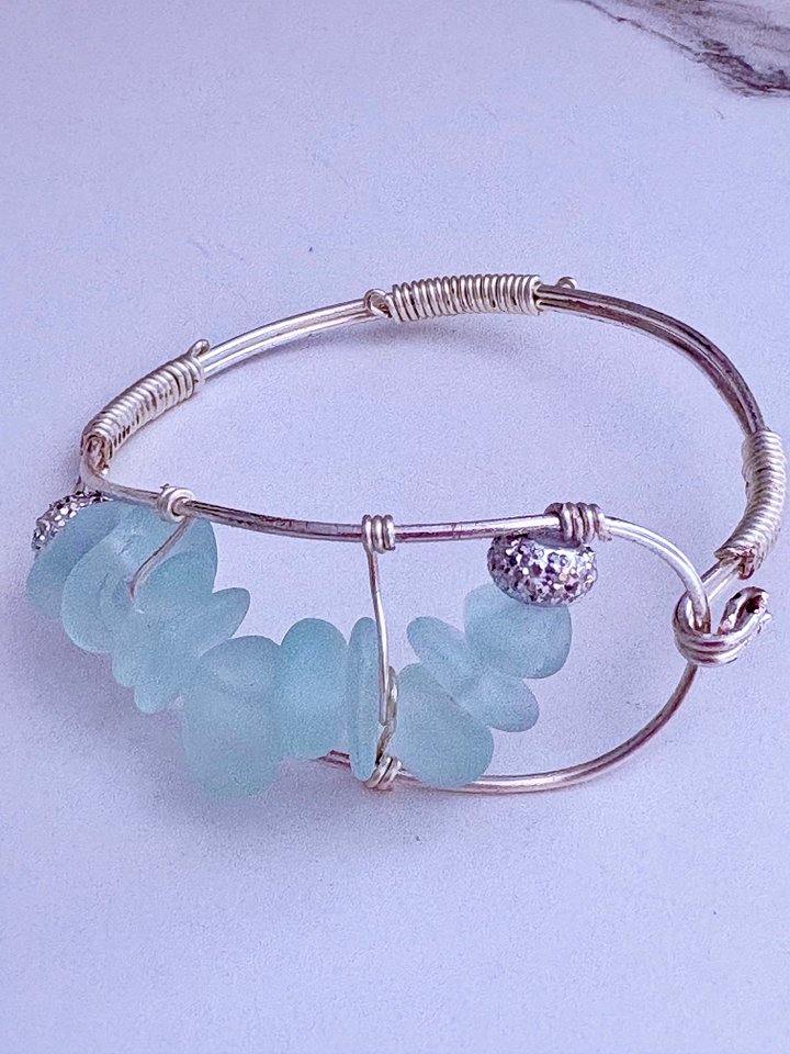 Seafoam Pebble Tide Bracelet | Wire-Wrapped Sea Glass | Handmade 6.75" Coastal Charm by Monique Faella Designs™ | MFD-00198 product image (1)