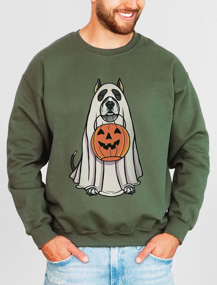 Funny Halloween Pitbull Terrier(Cropped Ears, Black) Sweatshirt | Funny Pittie Wearing a Ghost Costume and Holding a Pumpkin Basket product image (11)