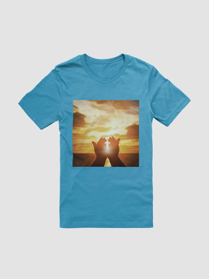 Cupped hands holding a glowing cross silhouette t-shirt product image (1)