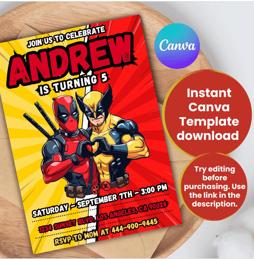 Deadpool 3 Birthday Invitation - Canva - Wolverine invite birthday invitation, movie digital birthday invitation digital product image (1)