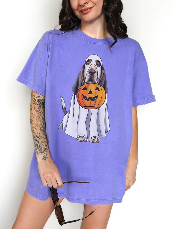 Basset Hound(Tricolor) Halloween Tee | Funny Halloween Basset Hound Wearing Ghost Costume with Pumpkin Basket product image (19)