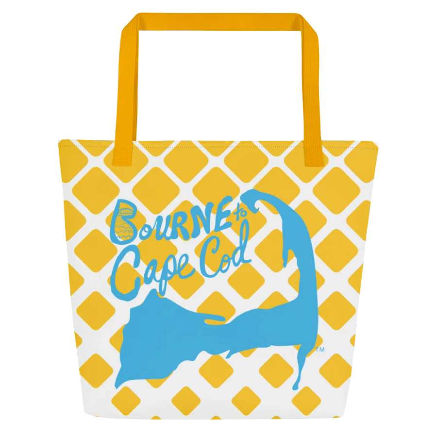 BOURNE to Cape Cod™ | Large Tote Bag with Pocket | Coastal Classic | All-Over Logo Print | Blue Logo | Retro Mod Yellow Diamond product image (4)
