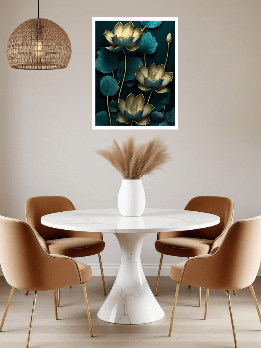 Elegant Lotus Embossed Printable Wall Art – Teal & Gold 3D Design product image (1)