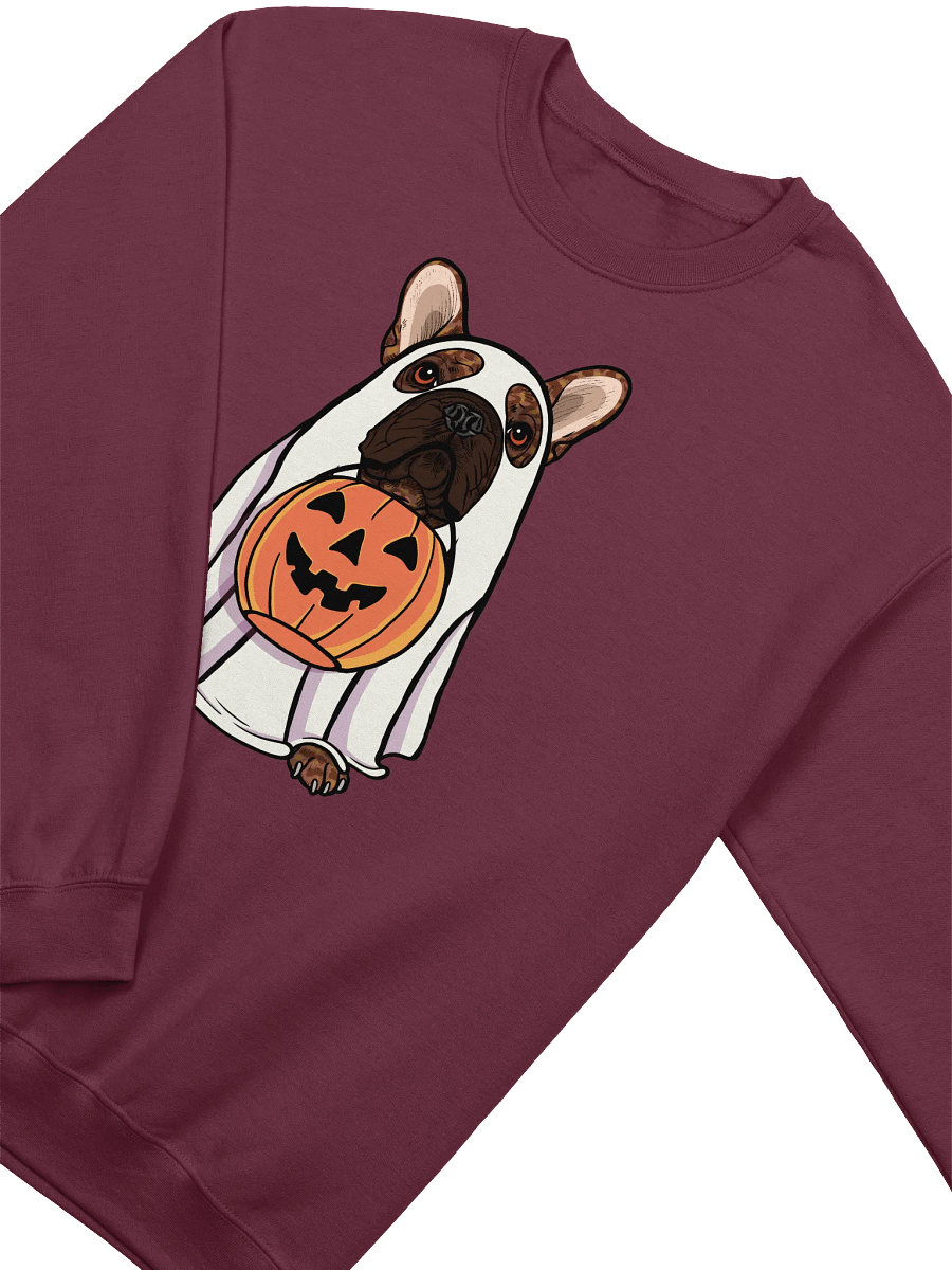 Funny Halloween French Bulldog(Brindle) Sweatshirt | Funny Frenchie Wearing a Ghost Costume and Holding a Pumpkin Basket product image (13)