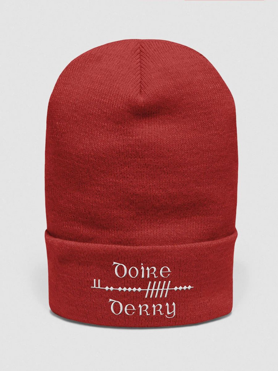 Derry/Doire, Scholastic style Ogham, red with white, embroidered Cuffed Beanie product image (1)