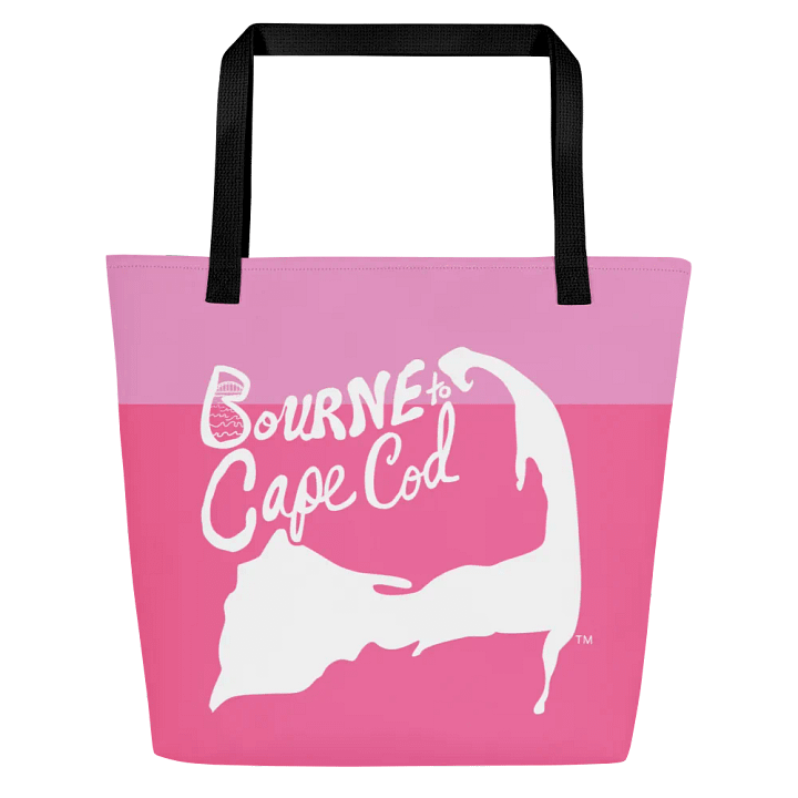 BOURNE to Cape Cod™ | Large Tote Bag with Pocket | Coastal Classic | All-Over Logo Print | White Logo on Pink Stripes product image (1)
