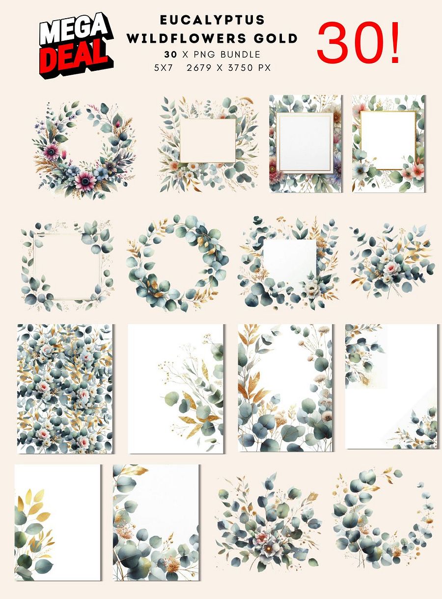 Eucalyptus Leaves Wildflowers Gold Bundle for Commercial Use product image (3)