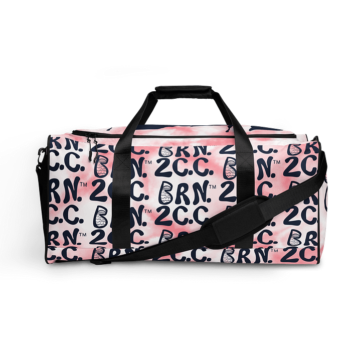 BOURNE to Cape Cod™ | Duffle Bag | BRN.2C.C.™ | Coastal Gym & Travel Gear | 22" All-Over Print Weekender | Navy Blue Logos on Pink Tie-Dye product image (1)