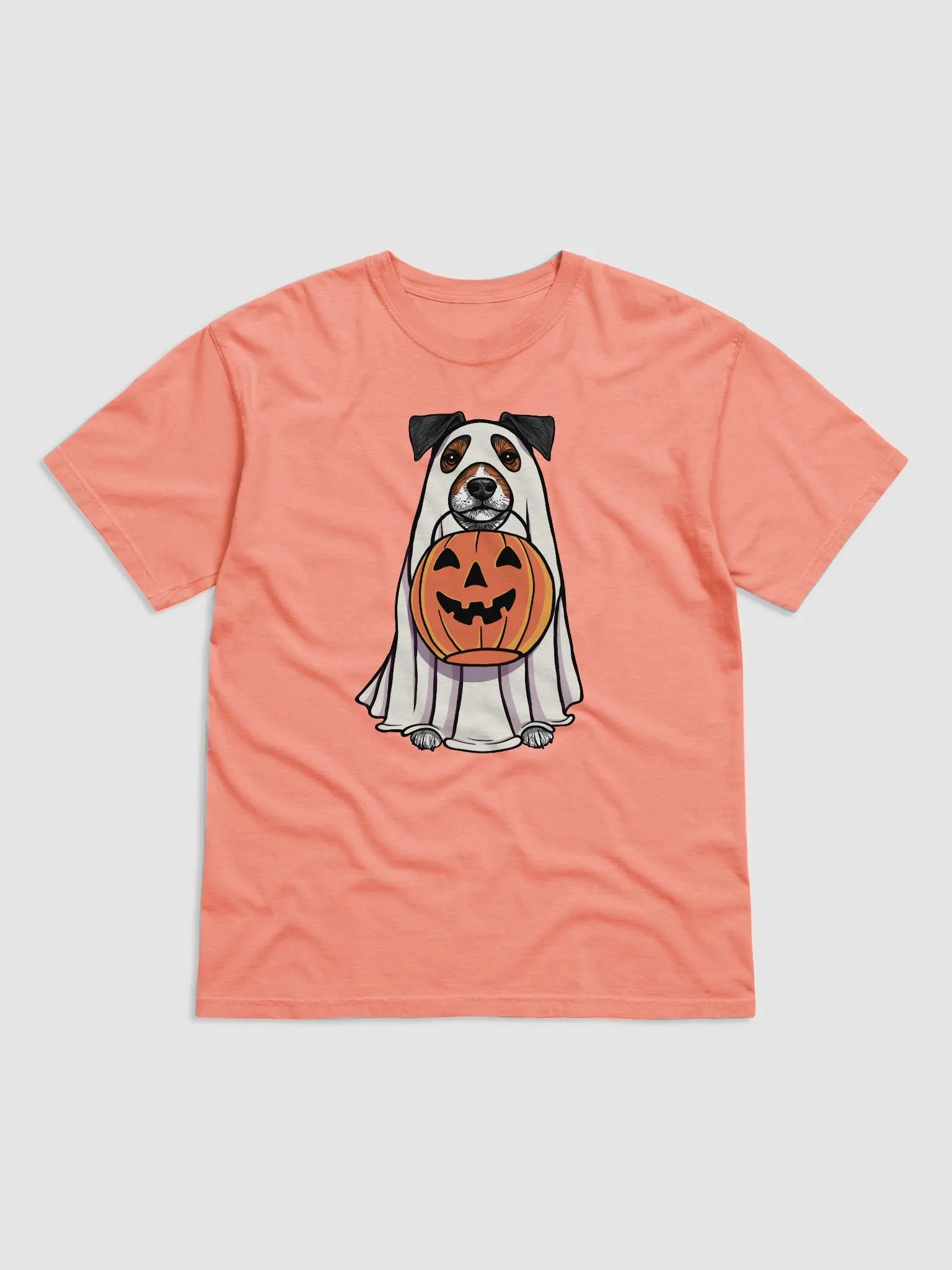 Funny Halloween Jack Russell Terrier(Grizzle) T-Shirt | Funny JRT Wearing a Ghost Costume and Holding a Pumpkin Basket product image (22)