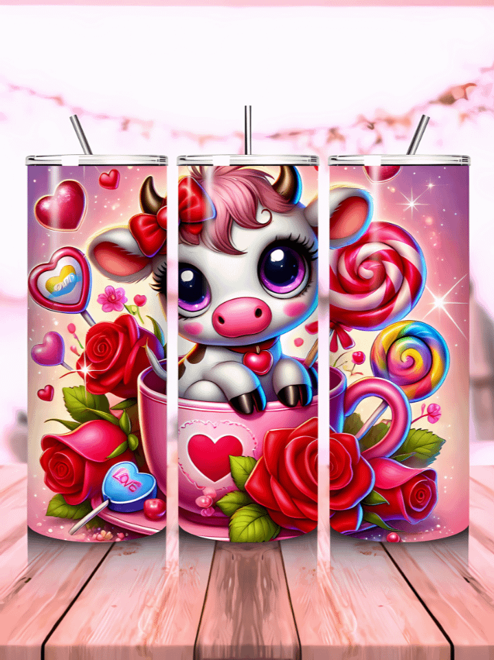 20oz Skinny Tumbler Wrap PNG – Valentine’s Highland Cow Design with Glitter, Roses & Hearts – Cute Sublimation Digital Download product image (1)