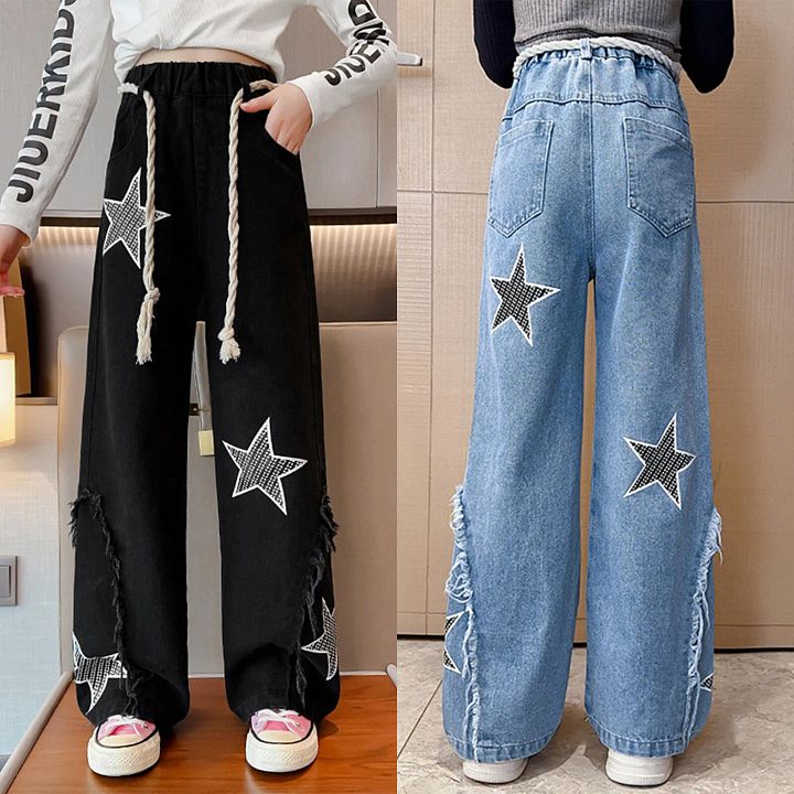 Kids Girls Jeans Unique Denim Pants Star Printed Trousers Ripped Casual product image (1)