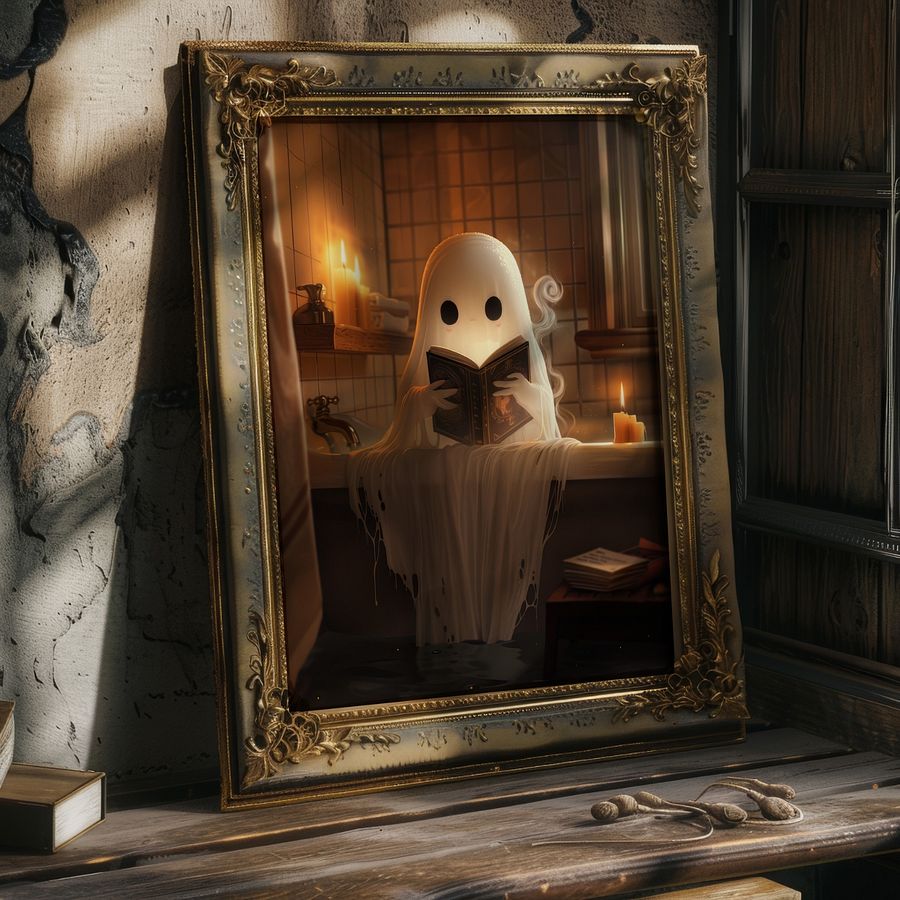 Cute Ghost Reading a Book in The Bathroom Halloween Art Print product image (26)