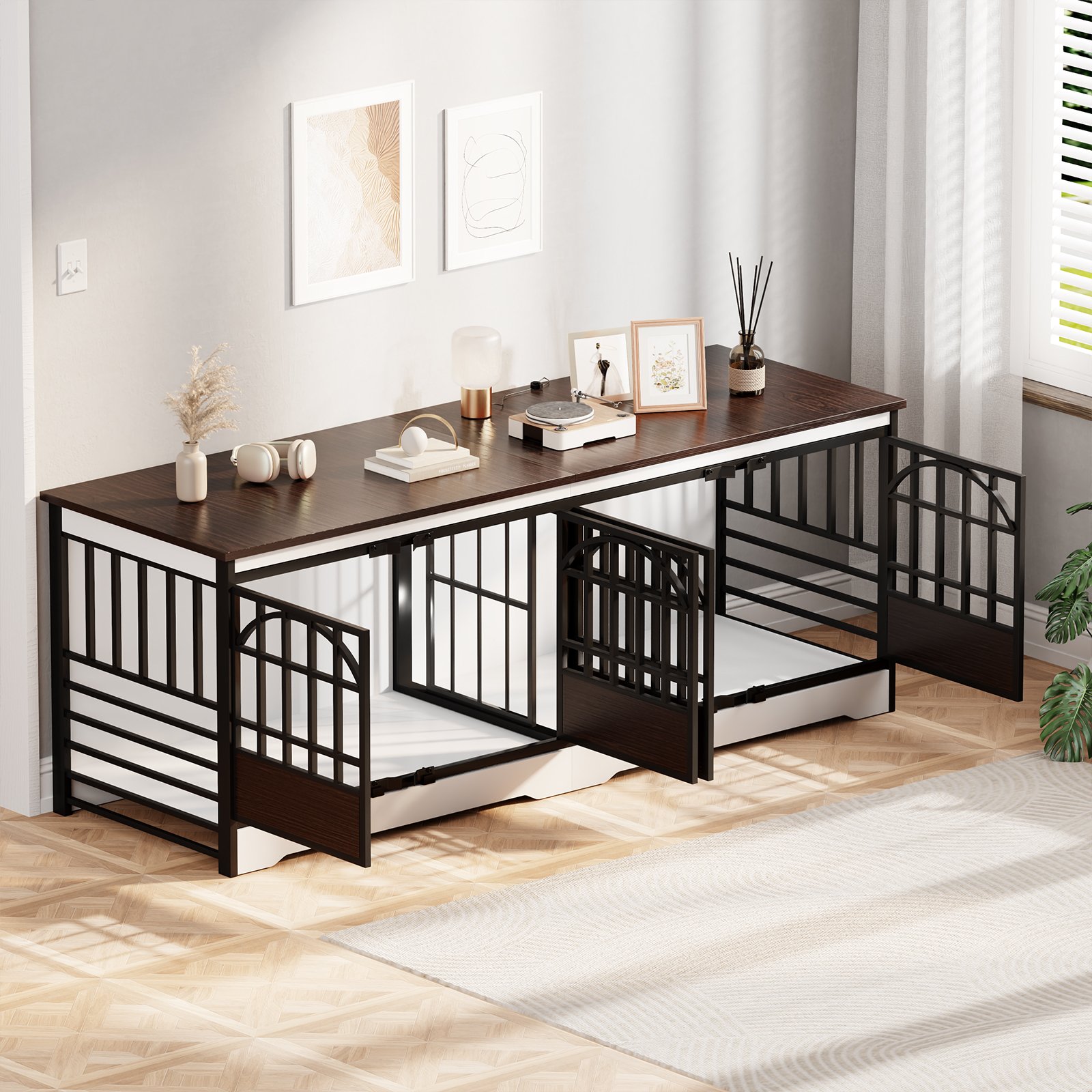 86 Inch Double Dog Crate Furniture for 2 Large Dogs, Decorative Dog Kennel Indoor TV Stand, Heavy Duty Wooden Dog Cage for Large Medium Dogs Sized Dog Pet House with Divider (White) product image (8)