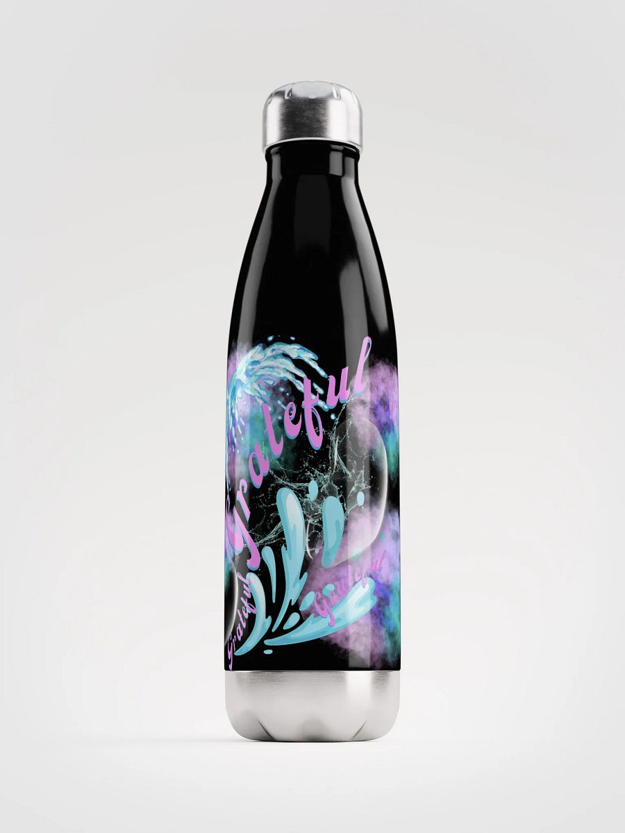 water bottle with beautiful swirly blue water splash and drops design featuring “Grateful’ product image (1)