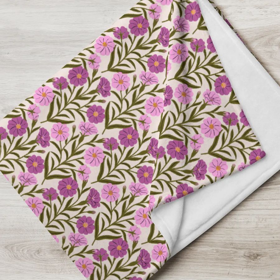 Corncockle Bouquet - Pink and Forest Green - Throw Blanket product image (6)