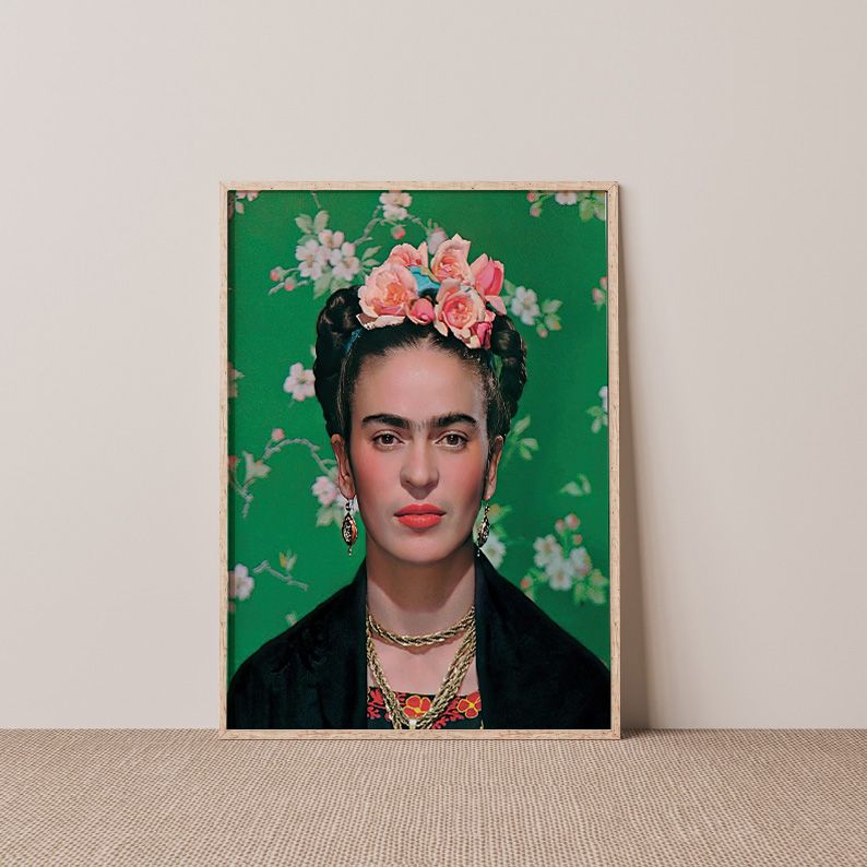 Frida Kahlo Portrait Photo in front of Green Floral Background product image (10)