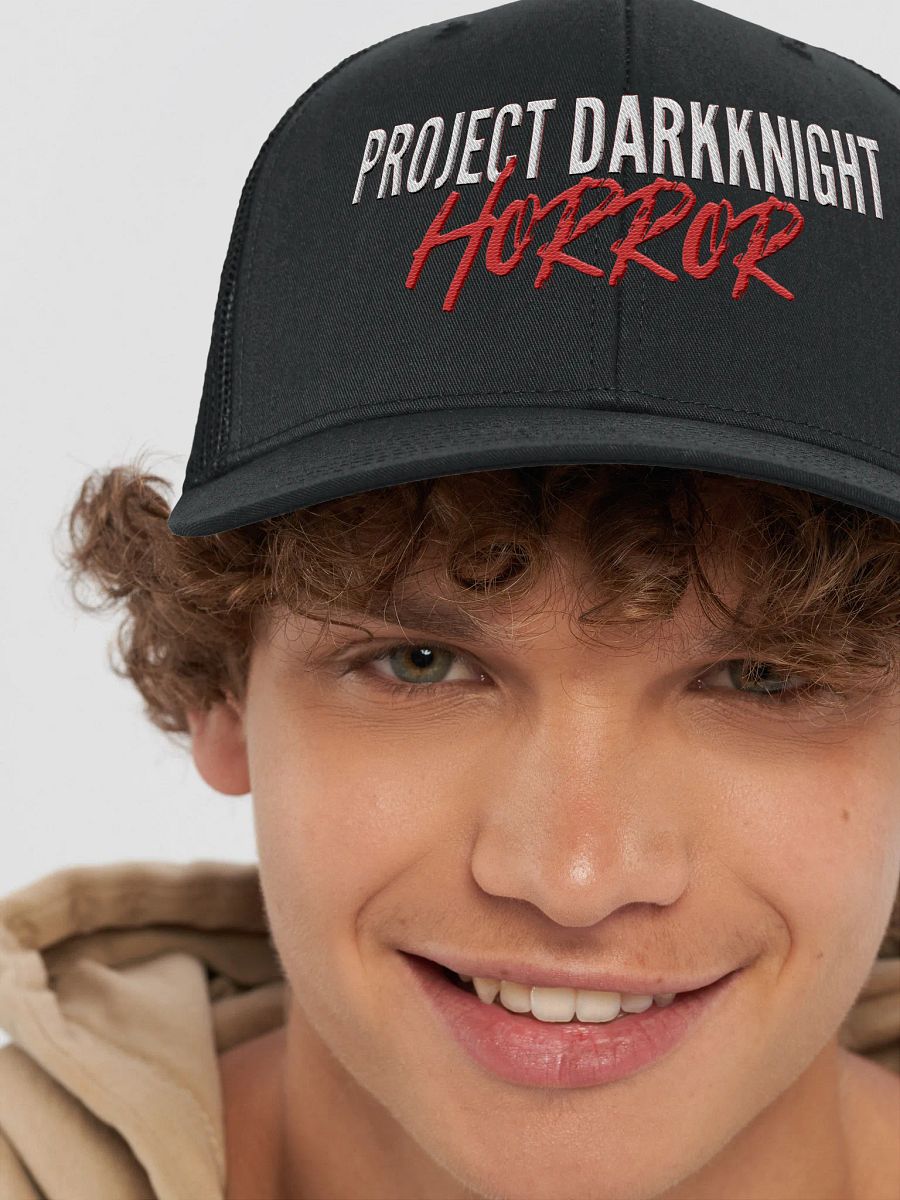 PDKH Embroidered Trucker Hat (unisex snapback, white & red letters) product image (8)