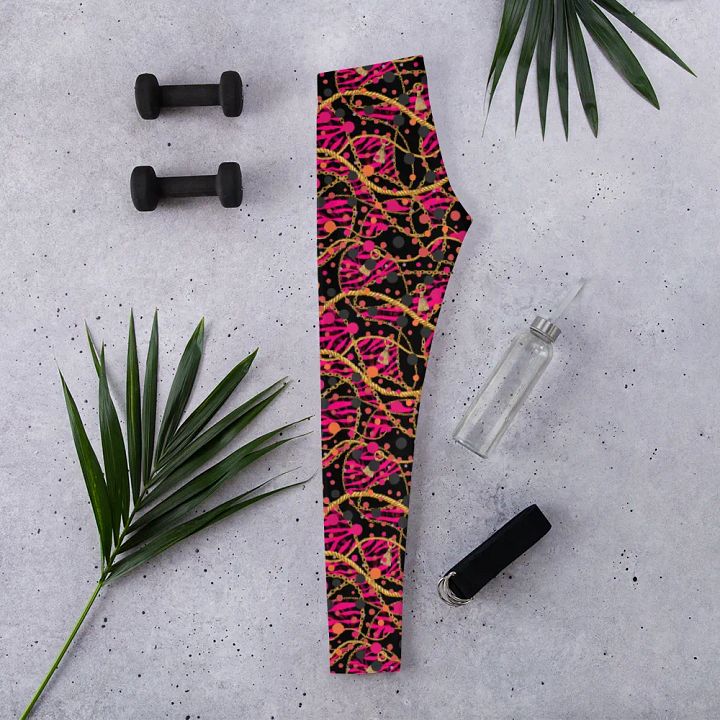 comfortable ladies leggings in funky arty red pink and gold design  on black design for those that  like the unusual. product image (2)