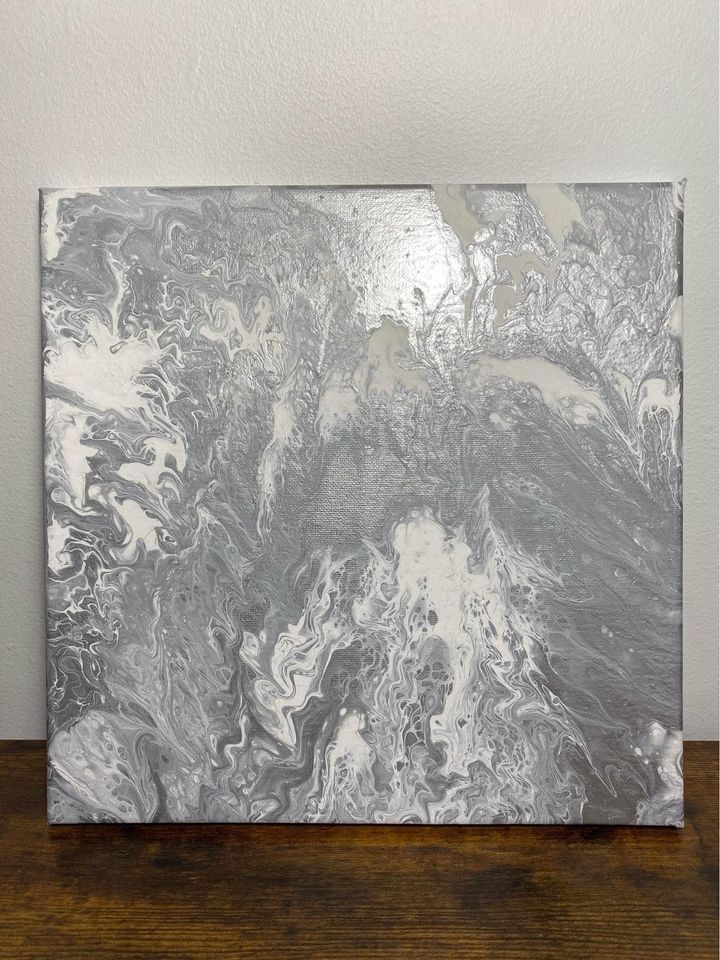 Silver & White Abstract Acrylic Pour Painting on 12x12 Inch Canvas product image (1)