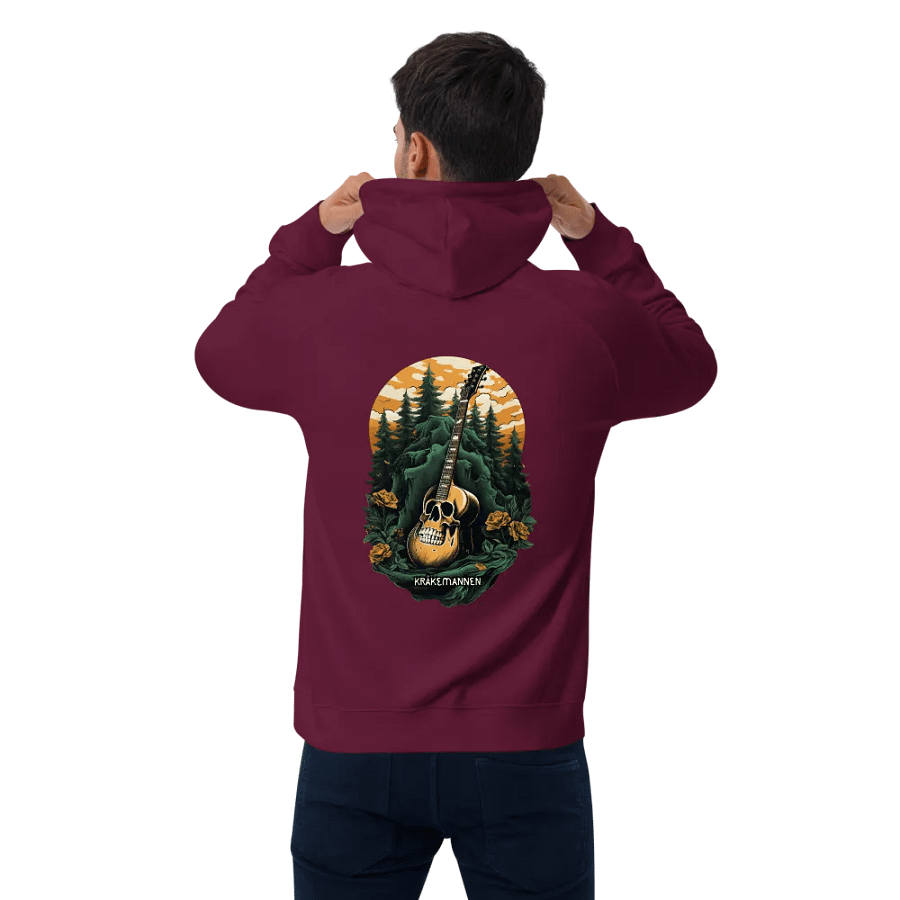 Unisex Eco Raglan Hoodie 🌲 Dark green spruce forest with a skull-shaped guitar product image (1)