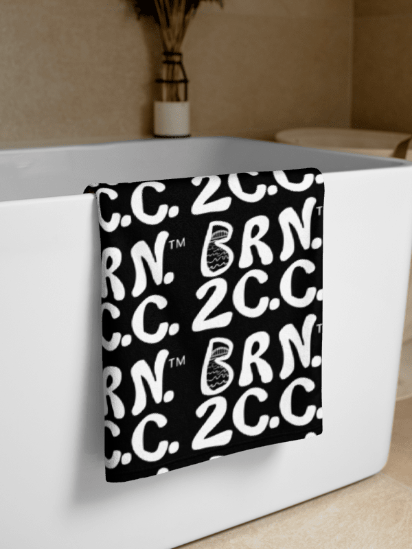 BRN.2C.C.™ | Coastal Classic Beach Towel | All-Over Logo Print | Vibrant Colors for Salty Souls | White Logo on Black product image (2)