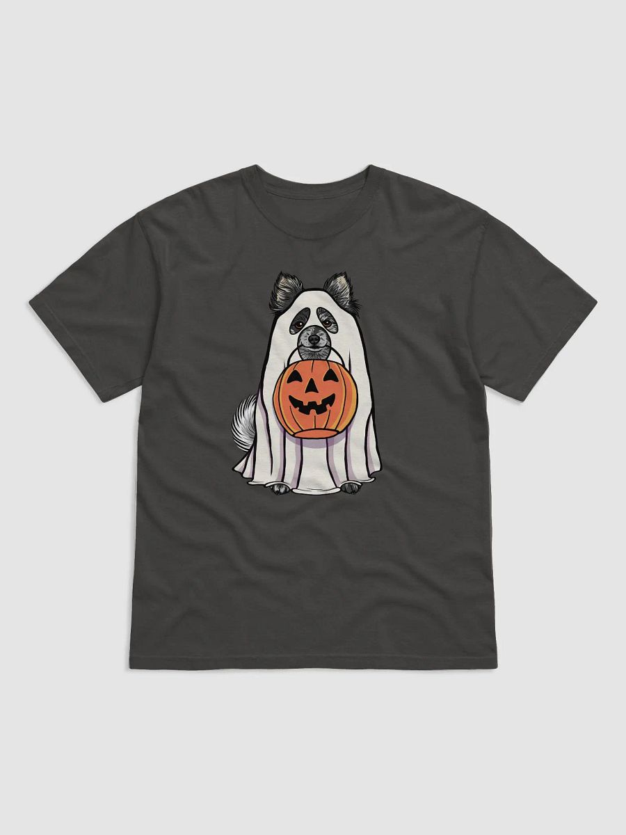 Funny Halloween Pomeranian(Blue Merle) T-Shirt | Funny Pomeranian Wearing a Ghost Costume and Holding a Pumpkin Basket product image (17)