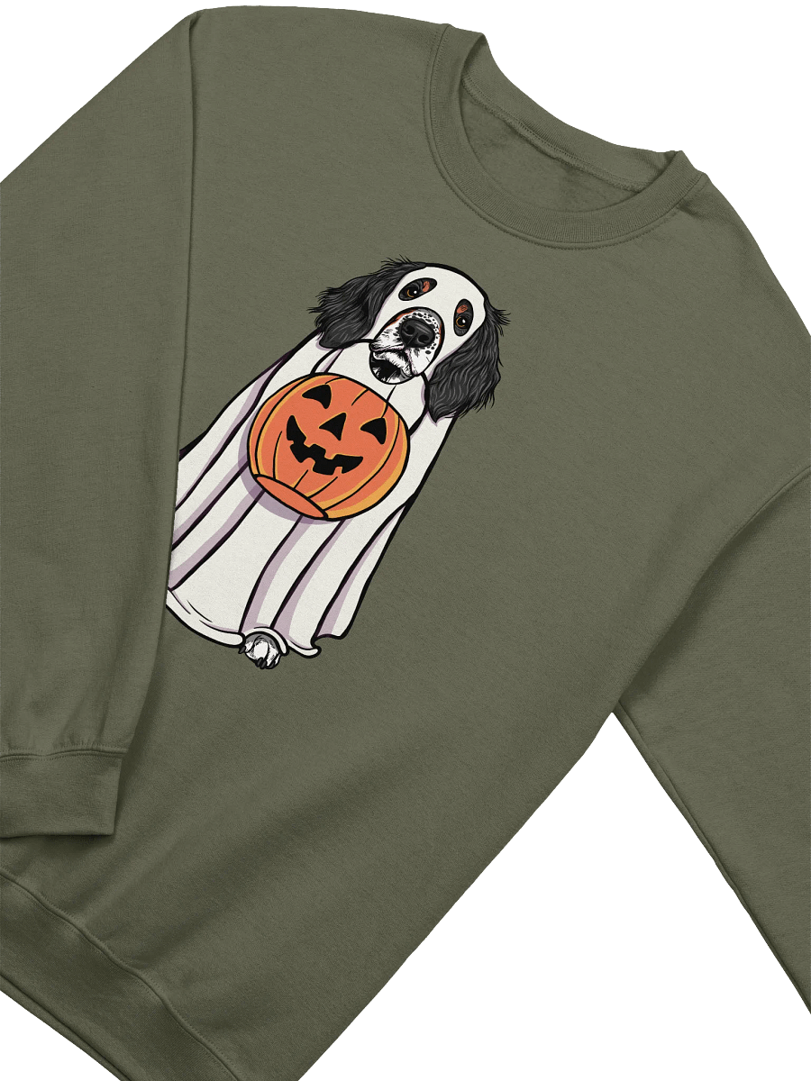 Funny Halloween Springer Spaniel(Tricolor) Sweatshirt | Funny Springer Spaniel Wearing a Ghost Costume and Holding a Pumpkin Basket product image (14)
