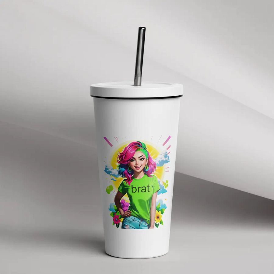 Brat 20 oz Tumbler Cup - White - Insulated Tumbler with a Straw v5 product image (12)