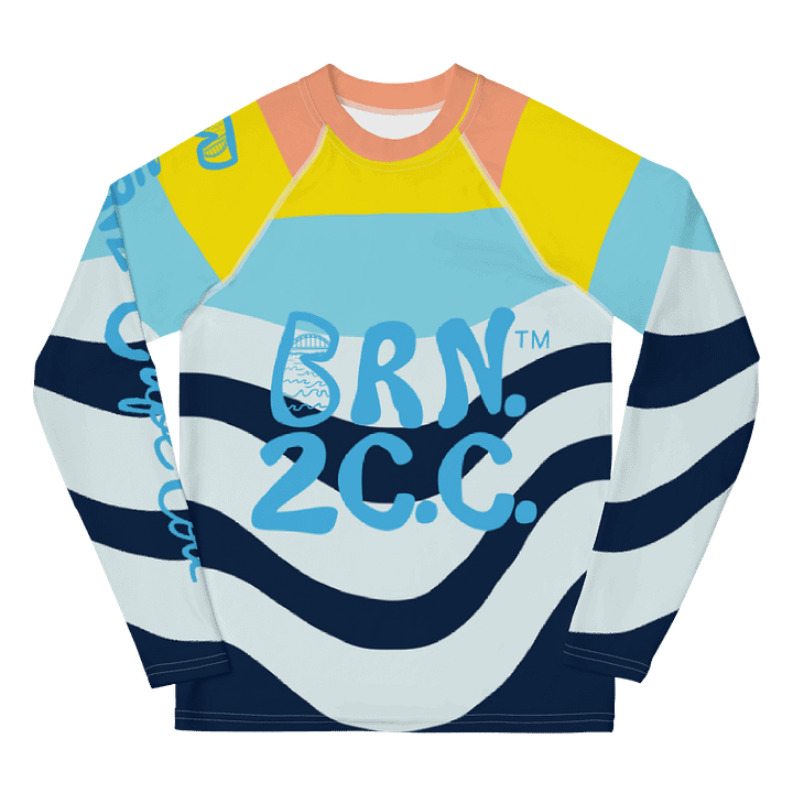 YOUTH | Rash Guard | BRN.2C.C.™ Front Graphic | BOURNE to Cape Cod™ Sleeve & Back Logo | Coastal Swim Shirt for Kids | UV Protection Activewear | Blue Logo | Abstract Coastal product image (1)