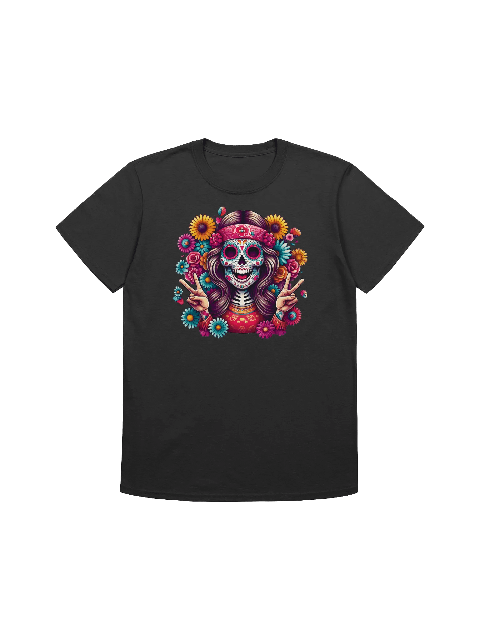 Sugar Skull Art - Female Skeleton Flashing Peace Signs - T-Shirt product image (3)