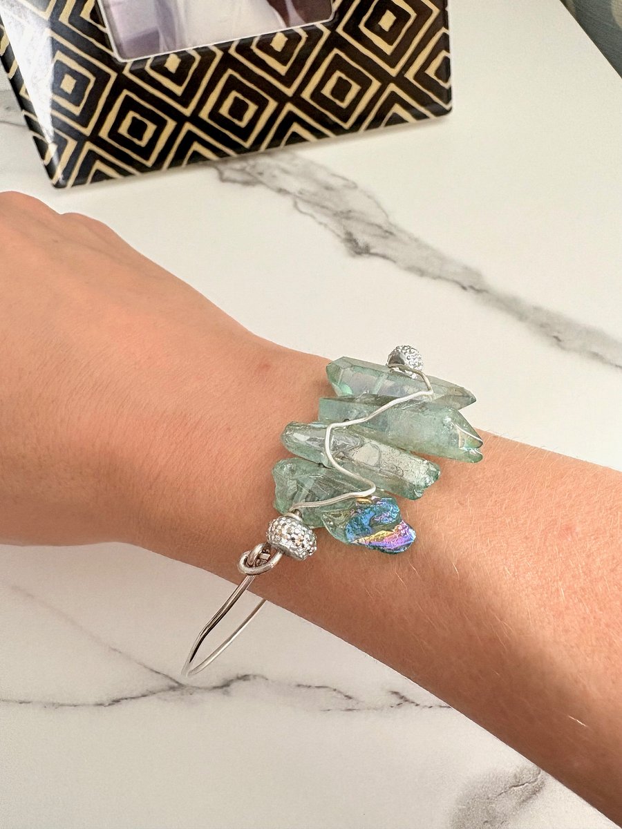 🌊 Mermaid Glow Bangle | Iridescent Seafoam Glass Crystals | Handmade 8" Diameter | Coastal Charm by Monique Faella Designs™ | MFD-00191 product image (5)