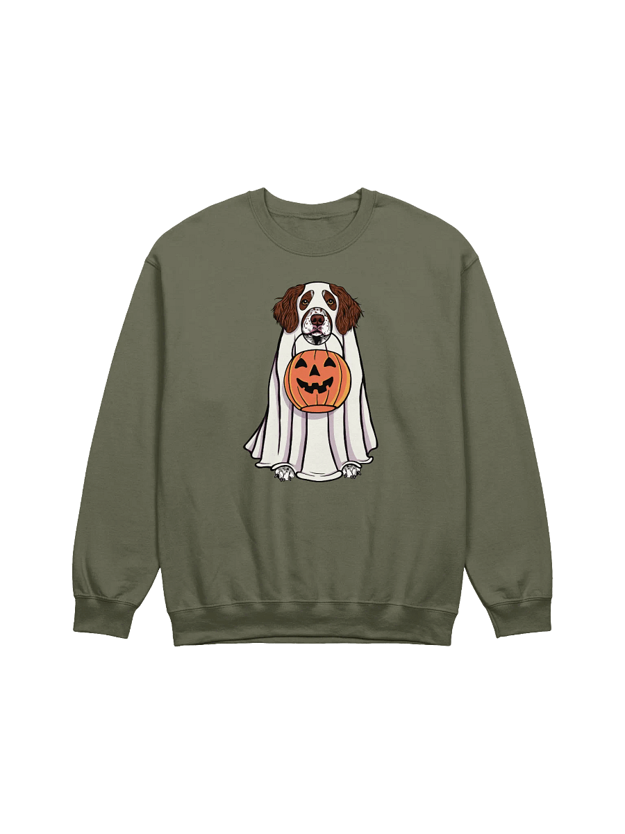 Funny Halloween Brittany Spaniel(Liver) Sweatshirt | Funny Brittany Spaniel Wearing a Ghost Costume and Holding a Pumpkin Basket product image (17)