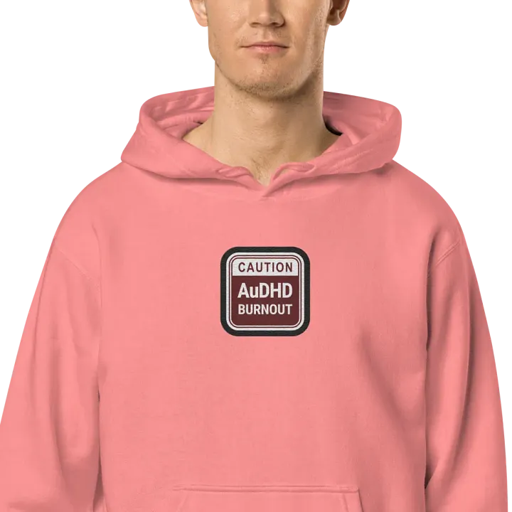 CAUTION: AuDHD BURNOUT embroidered pigment hoodie (maroon bubble design 2) product image (2)
