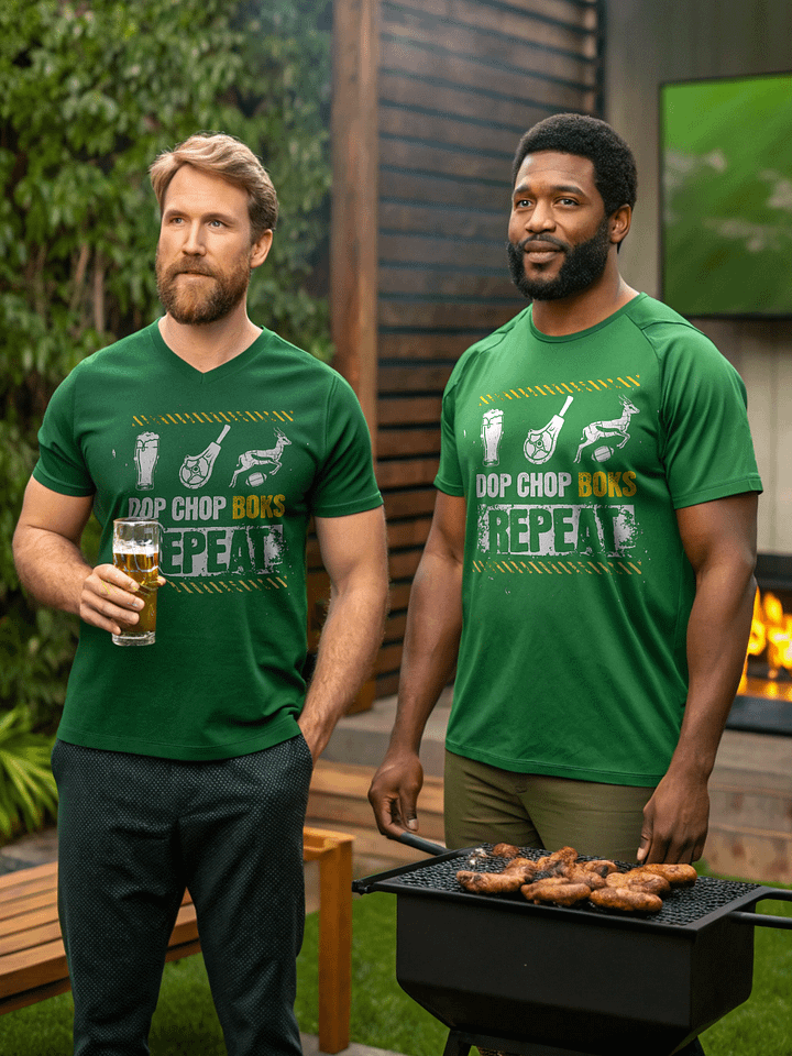 Plain Gedagtes | “DOP, CHOP, BOKS, REPEAT” Springbok Fan T-Shirt | Saffa Expat Gift & Afrikaans Slang Apparel product image (2)