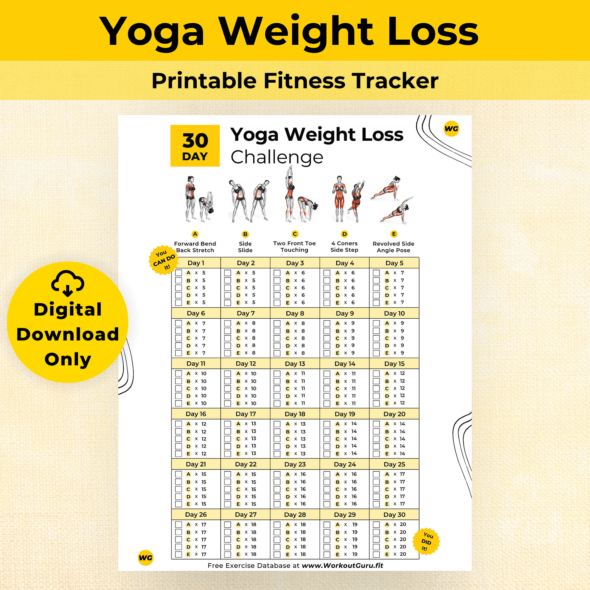 30 Day Yoga Weight Loss Challenge - Printable Workout Tracker product image (1)