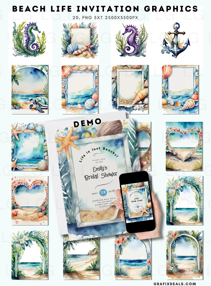 $1 Graphics Bundle 20 Beach Invitation Backgrounds - Commercial POD Use product image (1)