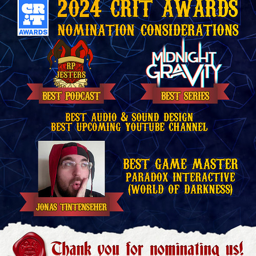 It's time for the 2024 @critawards! Please consider nominating RP Jesters and the amazing cast of Midnight Gravity — swipe fo...