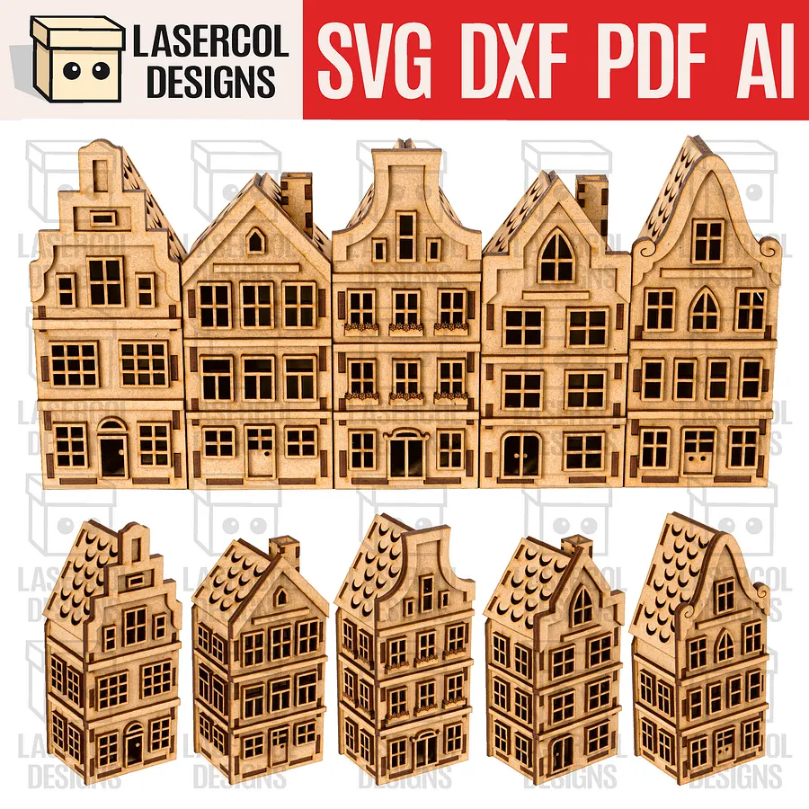 Christmas Houses Set 2 (5 Styles) - Laser Cut Files product image (1)